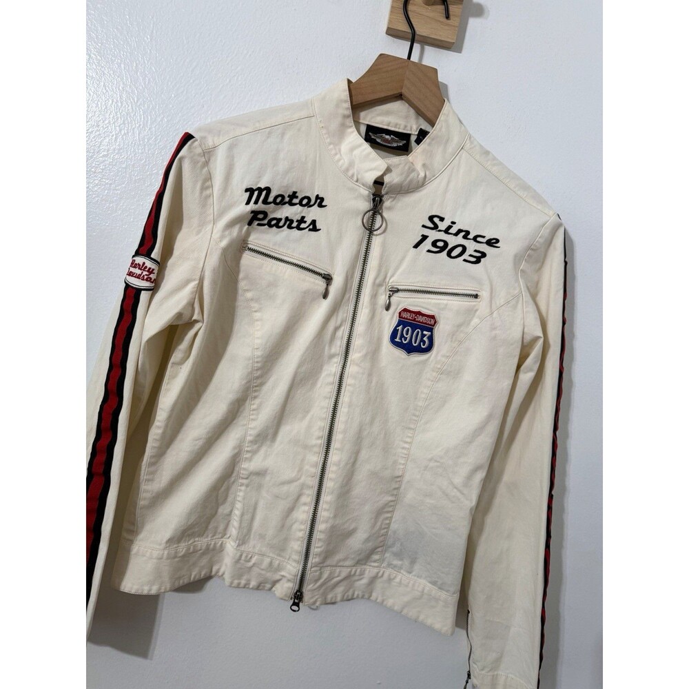 Harley Davidson Womens Medium Jacket 2006 Cream Racing Stripe Moto Biker Y2K